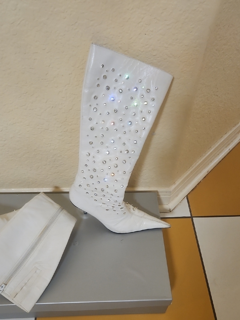 White Knee-High Crystal-Studded Pointed Toe Boot
